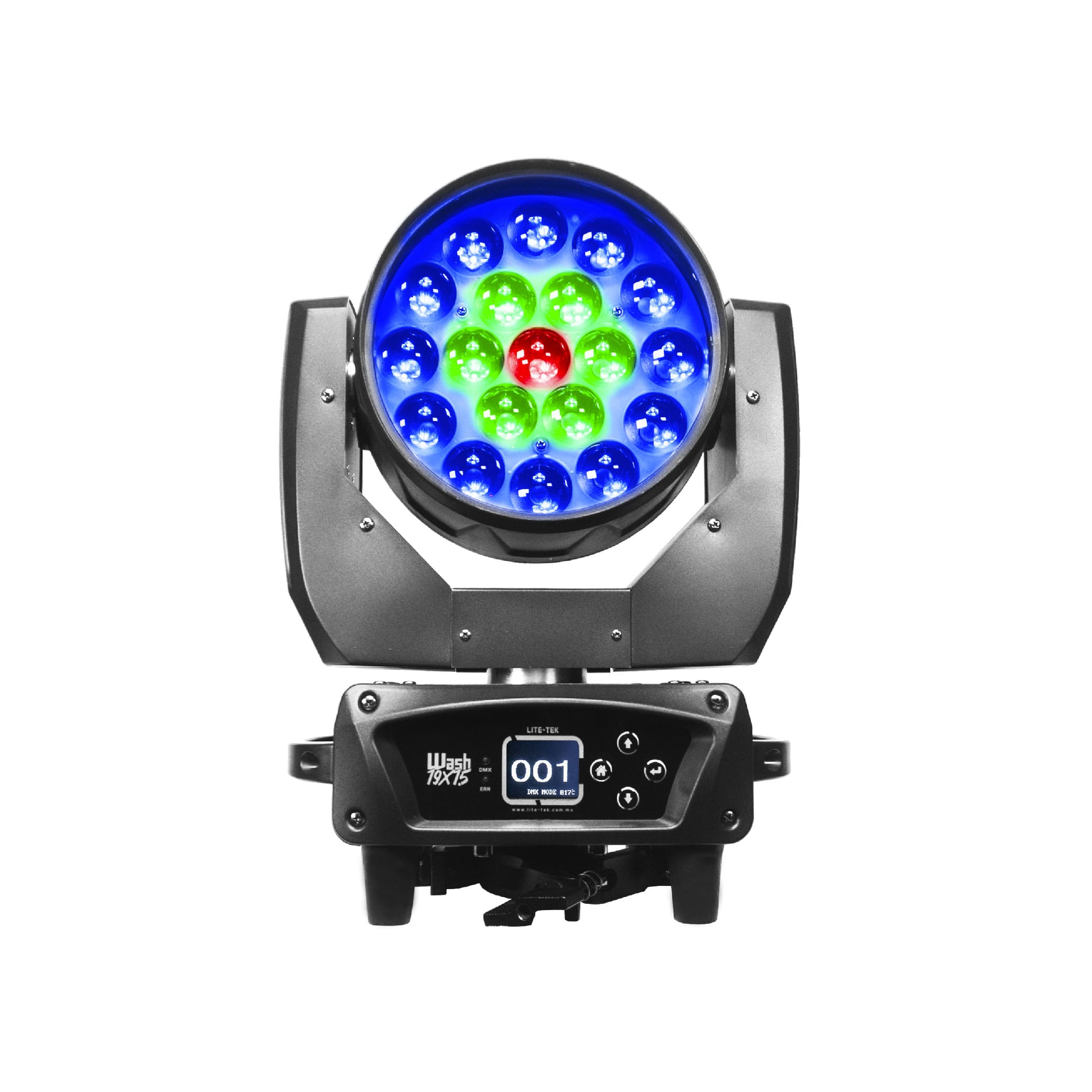 CABEZA MOVIL WASH MARCA LITE TEK 19 LEDS 15WRGBW CON ZOOM ESTUCHE DE 2N PIEZAS WASH19X15