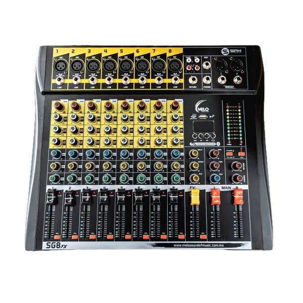 MEZCLADORA PROFESIONAL 8 CANALES REPRODUCTOR BT,MP3,Y EFECTO DELAY SG8FX